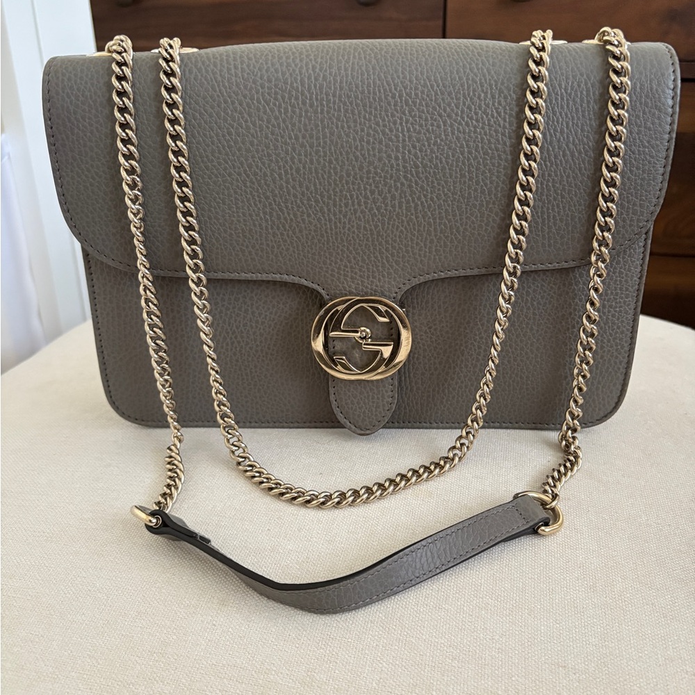 Gucci Interlocking G Medium Grey Leather Shoulder Bag with Silver Chain